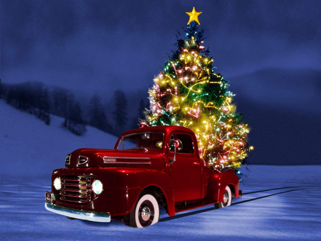 Red truck christmas tree snow free wallpaper for desktop - medium preview image