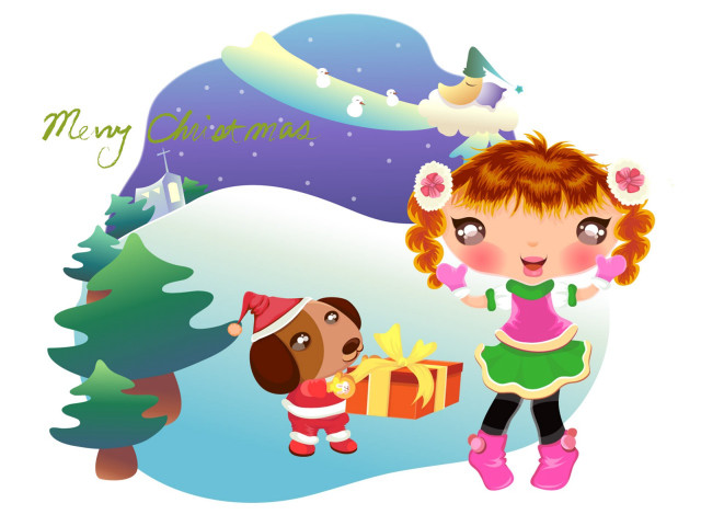 Girl dog christmas present snow free wallpaper for desktop - medium preview image