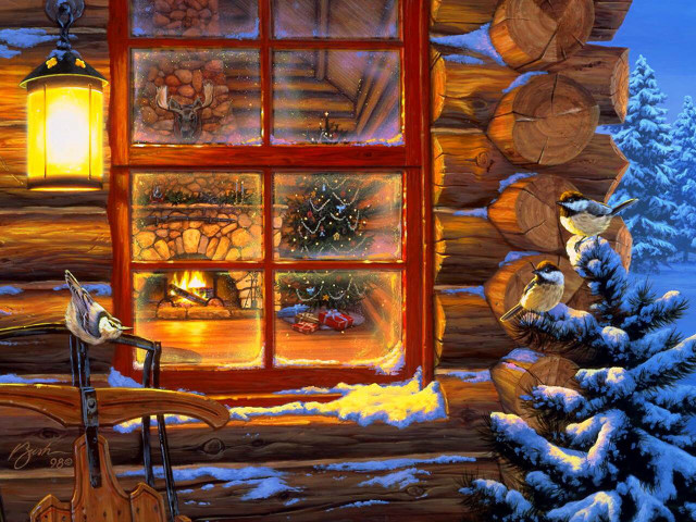 Cabin window guitar snowy landscape #2 free wallpaper for desktop - medium preview image