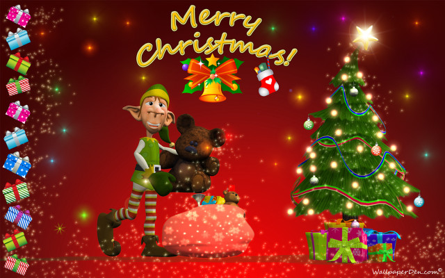 Christmas elf teddy bear presents free wallpaper for desktop - medium preview image