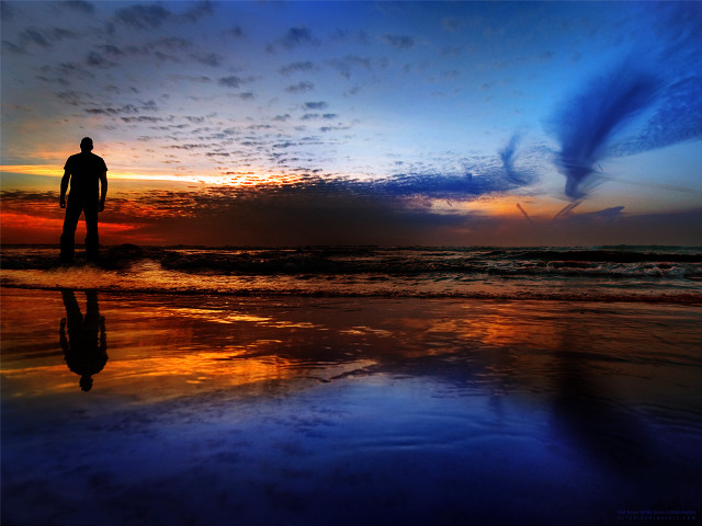 Man beach sunset reflection sky free wallpaper for desktop - medium preview image