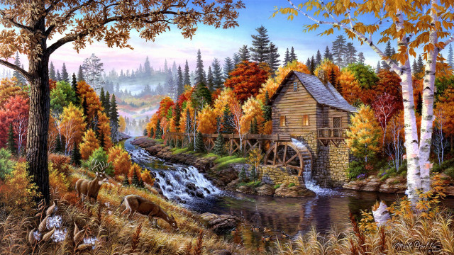 Cabin woods stream deer autumn free wallpaper for desktop - medium preview image