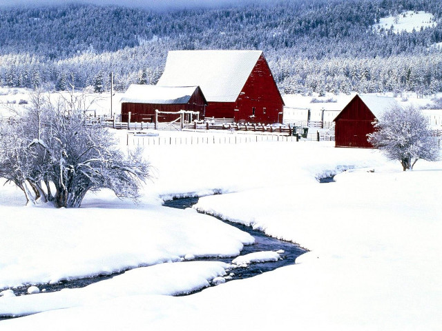 Red barn snow stream mountain #3 free wallpaper for desktop - medium preview image