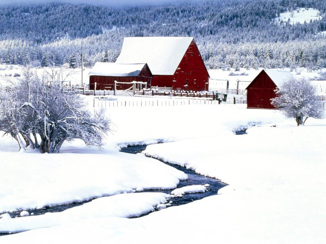 Red barn snow stream mountain #4 free wallpaper for desktop - medium preview image