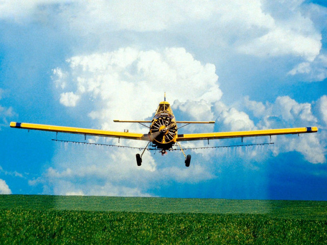 Yellow airplane cloudy sky green free wallpaper for desktop - medium preview image