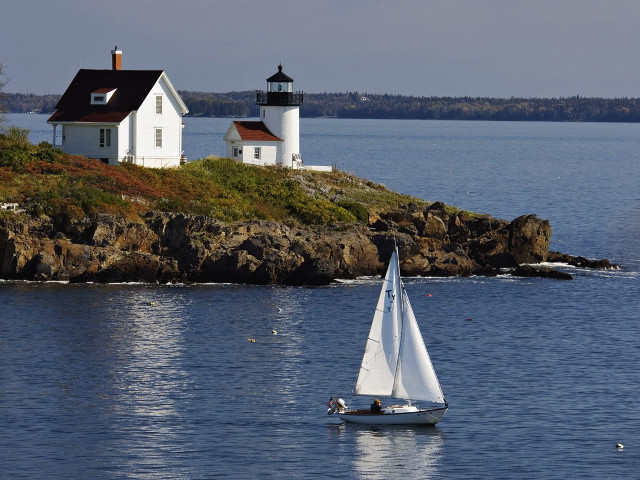 Sailboat lighthouse rockyisland beautifulscene precisionism free wallpaper for desktop - medium preview image