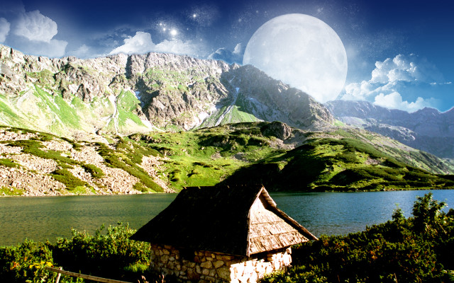 House mountains full moon lake #3 free wallpaper for desktop - medium preview image