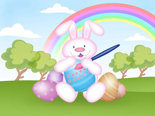 Bunny basket eggs rainbow trees free wallpaper for desktop - medium preview image