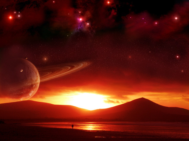 Planet ring beach person sunset free wallpaper for desktop - medium preview image