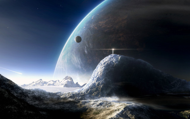 Distant planet cross mountain night free wallpaper for desktop - medium preview image