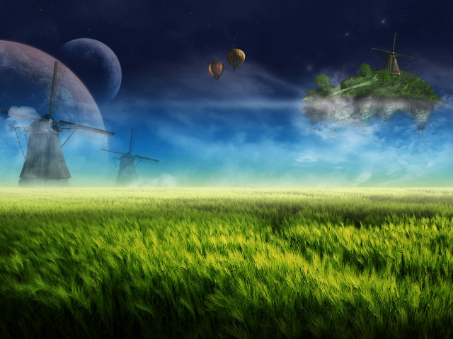 Fantasy greenfield windmills clouds stars free wallpaper for desktop - medium preview image