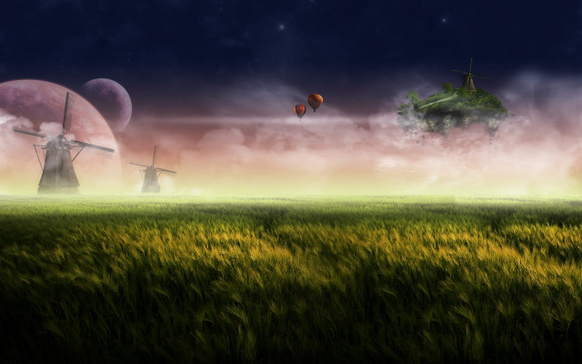 Windmill field grass sky clouds free wallpaper for desktop - medium preview image