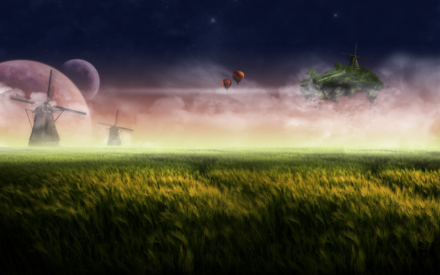 Windmill field grass sky clouds #3 free wallpaper for desktop - medium preview image