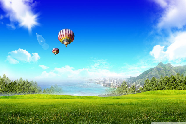 Hot air balloons green field #2 free wallpaper for desktop - medium preview image