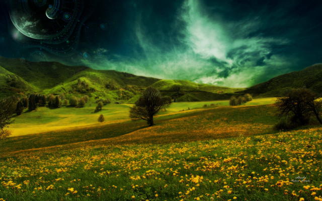 Flower field mountain sky space free wallpaper for desktop - medium preview image