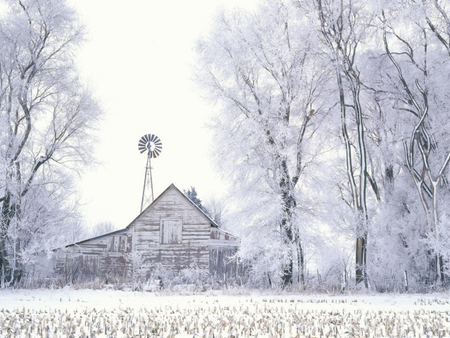 Snowy barn windmill trees puzzle free wallpaper for desktop - medium preview image