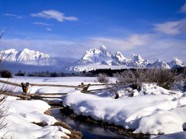 Stream snow field mountains wooden free wallpaper for desktop - medium preview image