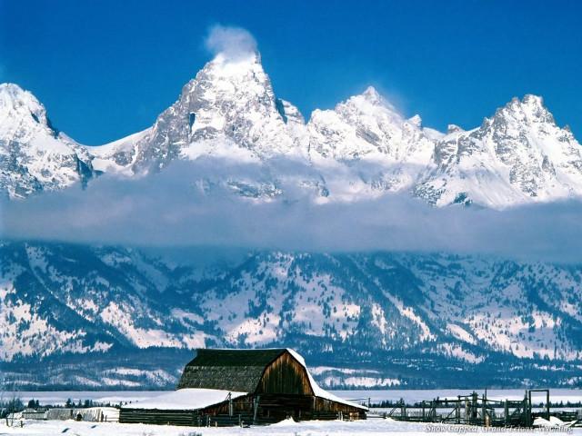 Barn snow mountain blue sky free wallpaper for desktop - medium preview image