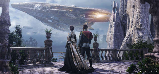 Man woman balcony futuristic ship free wallpaper for desktop - medium preview image