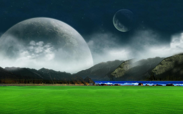 Green field mountains lake moon #3 free wallpaper for desktop - medium preview image