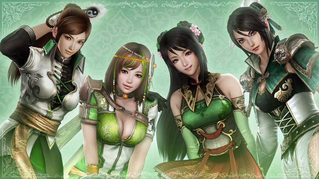 Three women green gold outfits free wallpaper for desktop - medium preview image
