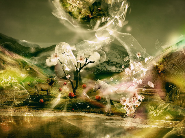 Tree flowers field mountains lake free wallpaper for desktop - medium preview image