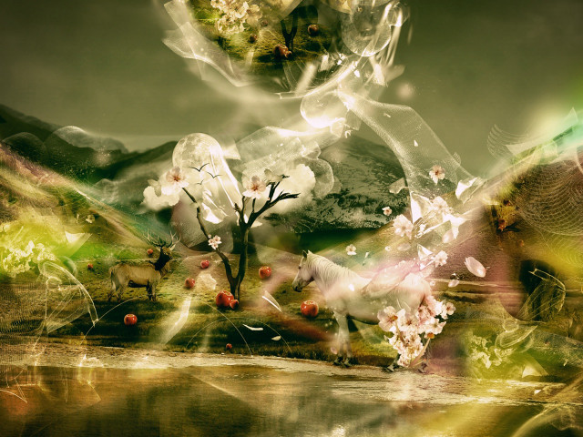 Mountain flower deer lake fantasy free wallpaper for desktop - medium preview image