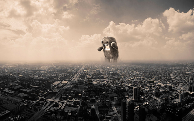Large elephant flying city cloudy free wallpaper for desktop - medium preview image