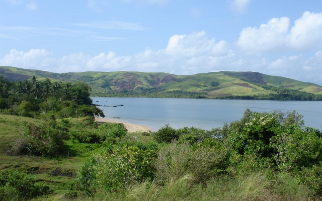 Lake green hills trees blue free wallpaper for desktop - medium preview image