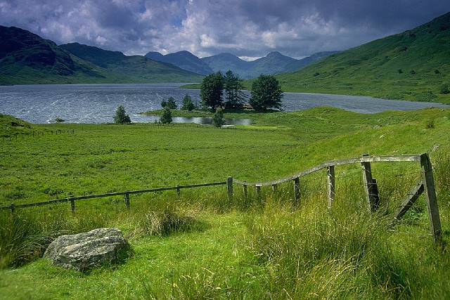 Grassy field wooden fence lake free wallpaper for desktop - medium preview image