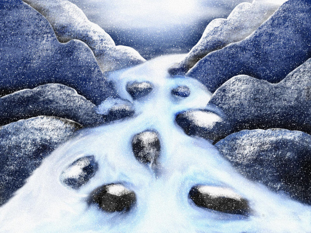 Stream rocks snow sky sunset free wallpaper for desktop - medium preview image