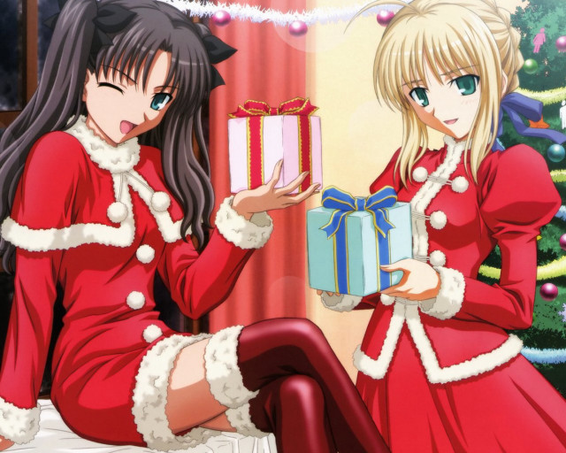 Girls red outfits present christmas free wallpaper for desktop - medium preview image