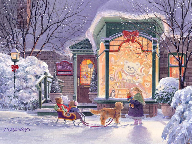 Woman dog store snow christmas free wallpaper for desktop - medium preview image