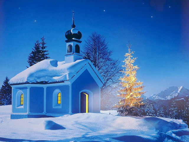 Church snow christmas tree blue free wallpaper for desktop - medium preview image