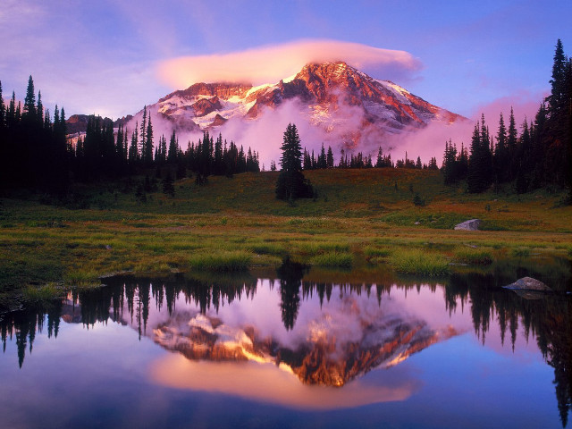 Mountain reflection sunset clouds trees #3 free wallpaper for desktop - medium preview image