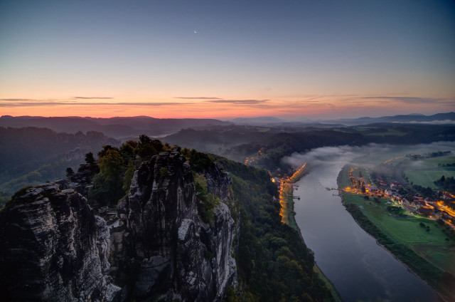 River valley mountains town sunset free wallpaper for desktop - medium preview image