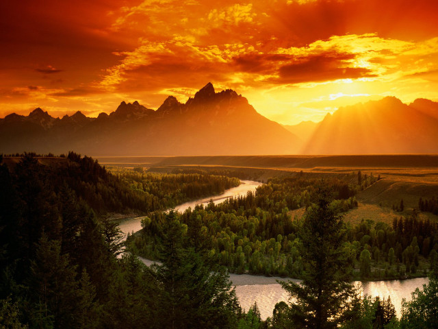 River lush forest sunset mountains free wallpaper for desktop - medium preview image