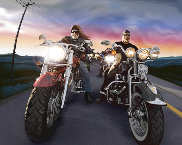 Motorcycle ride men forest sunset free wallpaper for desktop - medium preview image
