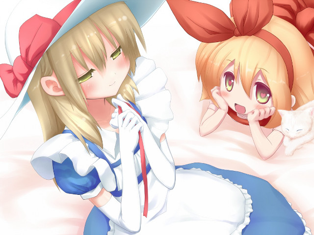 Anime girls bed cats foreground free wallpaper for desktop - medium preview image