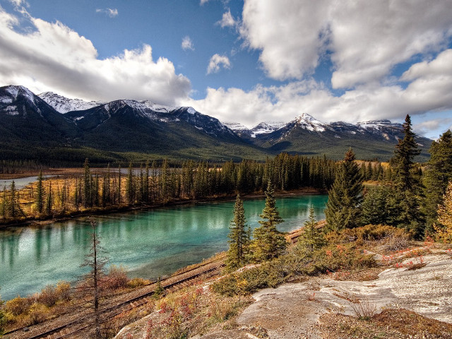 River mountains trees sky clouds #2 free wallpaper for desktop - medium preview image