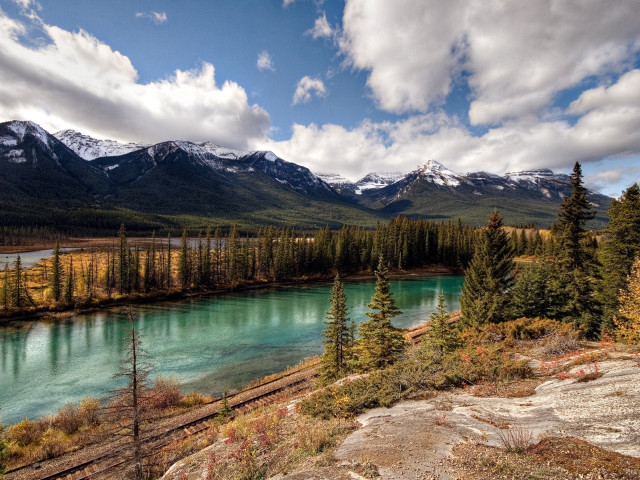 Blue river mountains trees sky free wallpaper for desktop - medium preview image
