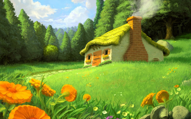 House field flowers trees stream #7 free wallpaper for desktop - medium preview image