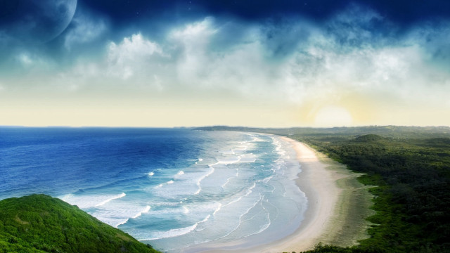 Beach sand horizon mountain water free wallpaper for desktop - medium preview image