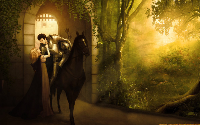 Man woman horse forest castle free wallpaper for desktop - medium preview image