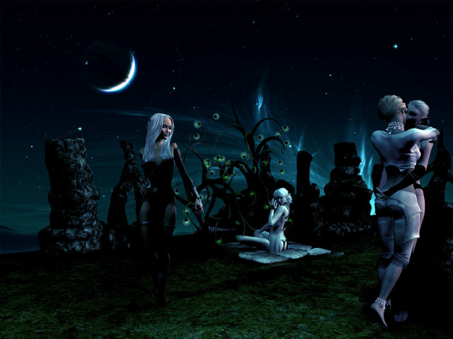 Women fantasy setting dog crescent free wallpaper for desktop - medium preview image