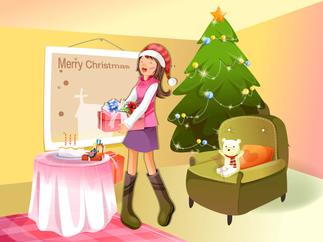 Girl present christmas tree cat free wallpaper for desktop - medium preview image