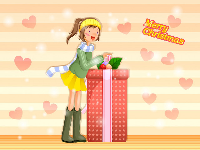 Girl opening christmas present merry free wallpaper for desktop - medium preview image