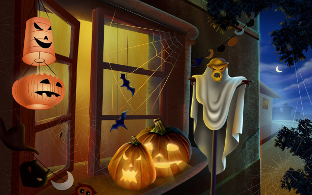 Halloween window decorations ghost cat free wallpaper for desktop - medium preview image