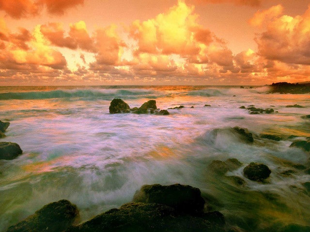 Sunset ocean rocks water crashing #2 free wallpaper for desktop - medium preview image