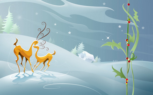 Deer snowfield redberries Christmas illustration free wallpaper for desktop - medium preview image